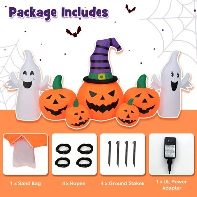 Tangkula 9FT Long Halloween Inflatable Pumpkins Self Inflating Halloween Pumpkin Patch Lanterns w/ 2 Ghosts LED Lights Waterproof Blower - Image 8