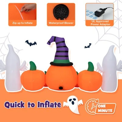 Tangkula 9FT Long Halloween Inflatable Pumpkins Self Inflating Halloween Pumpkin Patch Lanterns w/ 2 Ghosts LED Lights Waterproof Blower - Image 2