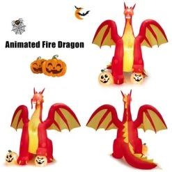 Tangkula 9FT Giant Inflatable Dragon Halloween Inflatable Dragon Decoration w/ 2 Pumpkins Wings Built-in LED Lights & Powerful Blower