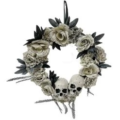 Sunstar Industries Sunstar Wreath With Skull & Roses Halloween Decoration - 15 in - Gray