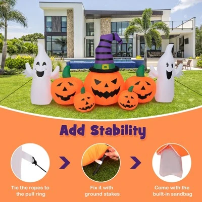 Tangkula 9FT Long Halloween Inflatable Pumpkins Self Inflating Halloween Pumpkin Patch Lanterns w/ 2 Ghosts LED Lights Waterproof Blower - Image 3