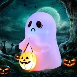 Tangkula 4 FT Halloween Inflatable Decoration, Colorful Inflatable Ghost with Pumpkin Lantern Built-in Flashing LED Lights & Waterproof Air Blower