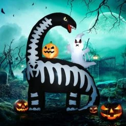HOMCOM 6FT Halloween Inflatable Dinosaur with Ghost and Pumpkin, Halloween Decorations with LED Lights for Garden, Indoor, Outdoor