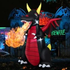 Costway 8 FT Halloween Inflatable Fire Dragon Giant Blow up Decoration with LED Lights