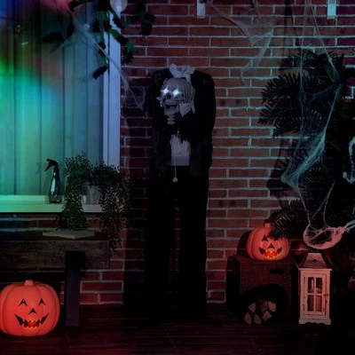 Outsunny 57" Life Size Outdoor Halloween Decorations Hanging Talking Skeleton Ghost, Animated Prop with Sound and Motion Activated, Light Up Eyes