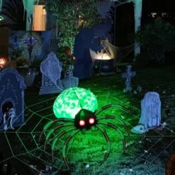 Tangkula Halloween Inflatable Spider with Cobweb Creepy Blow-up Spider with LED Rotating LED Light Green Black Legs Waterproof Halloween Decoration