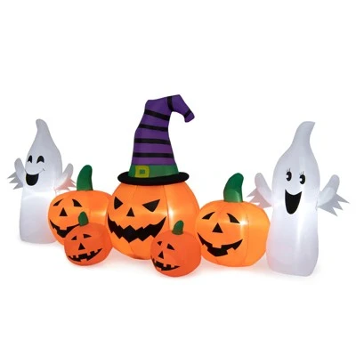 Tangkula 9FT Long Halloween Inflatable Pumpkins Self Inflating Halloween Pumpkin Patch Lanterns w/ 2 Ghosts LED Lights Waterproof Blower