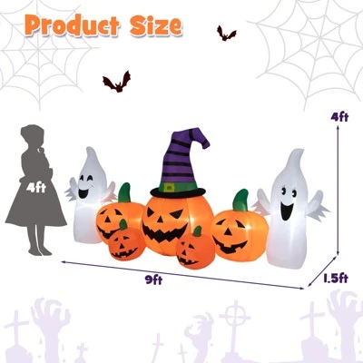 Tangkula 9FT Long Halloween Inflatable Pumpkins Self Inflating Halloween Pumpkin Patch Lanterns w/ 2 Ghosts LED Lights Waterproof Blower - Image 9