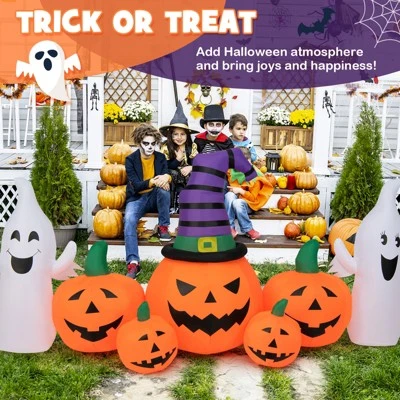 Tangkula 9FT Long Halloween Inflatable Pumpkins Self Inflating Halloween Pumpkin Patch Lanterns w/ 2 Ghosts LED Lights Waterproof Blower - Image 5