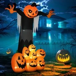 HOMCOM 9' Halloween Inflatables, Pumpkin Ghost with Pumpkin Patch, Outdoor Giant Blow Up Yard Decoration with Build-in LED