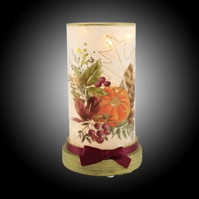 Stony Creek 8.5" Fall Foliage Cylinder W/ Base Glass Pumpkin Light Pre-Lit - Novelty Sculpture Lights - Image 2