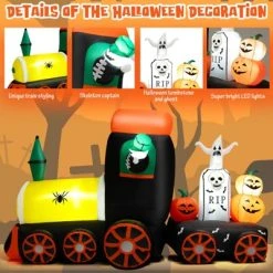 Tangkula 8 FT Long Halloween Inflatable Decoration w/ LEDs Inflatable Train w/ Pumpkins Ghost Skeleton Indoor Outdoor Halloween Decor
