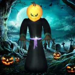 HOMCOM 7ft Tall Inflatable Halloween Pumpkin Reaper Light Up Yard Decoration with LED Lights and Fan