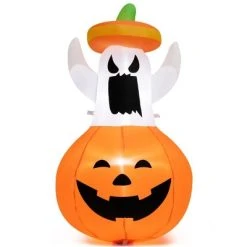 Costway 4FT Halloween Inflatable Decoration Blow-up Ghost w/Hat & Pumpkin Lantern