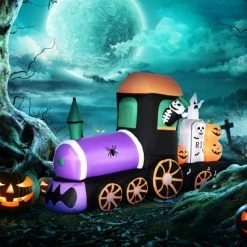 HOMCOM Inflatable Halloween Skeleton Ride Train with Ghost, Tombstone and Pumpkins, Blow-Up LED Display Indoor Outdoor for Garden, Lawn, Party