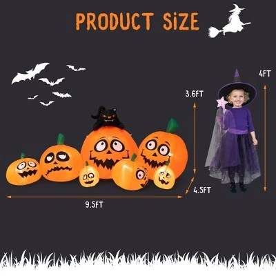 Costway 9.5 FT Long Inflatable Pumpkin Combo w/ Black Cat, Built-in LED Lights - Image 3