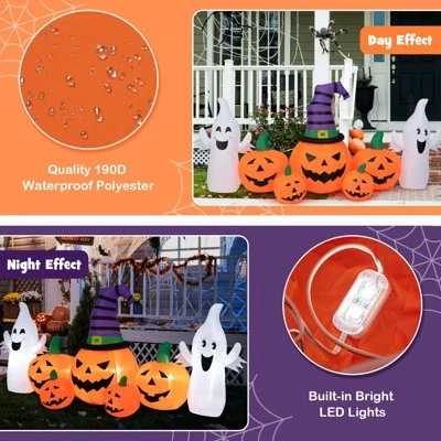 Tangkula 9FT Long Halloween Inflatable Pumpkins Self Inflating Halloween Pumpkin Patch Lanterns w/ 2 Ghosts LED Lights Waterproof Blower - Image 6