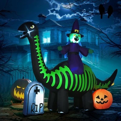 HOMCOM 8FT Halloween Inflatables Skeleton Dinosaur with Witch, Pumpkin, Outdoor Decorations with LED Lights - Image 2